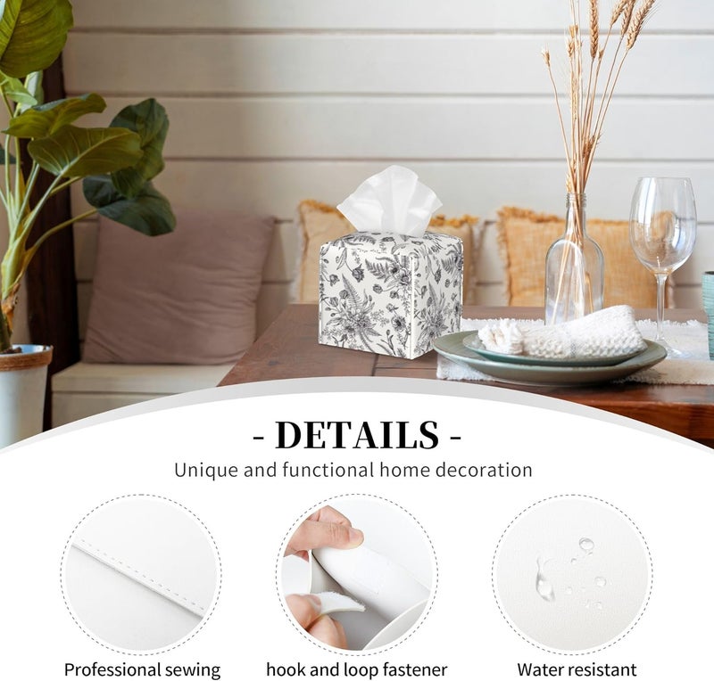 sndheke Black and White Flowers Tissue Box Cover Square,Vintage Floral Plant Leaves Tissue Box Holder Waterproof Leather Facial Paper Organizer Dispenser for Bathroom Home Car Nightstand Vanity Desk - Image 3